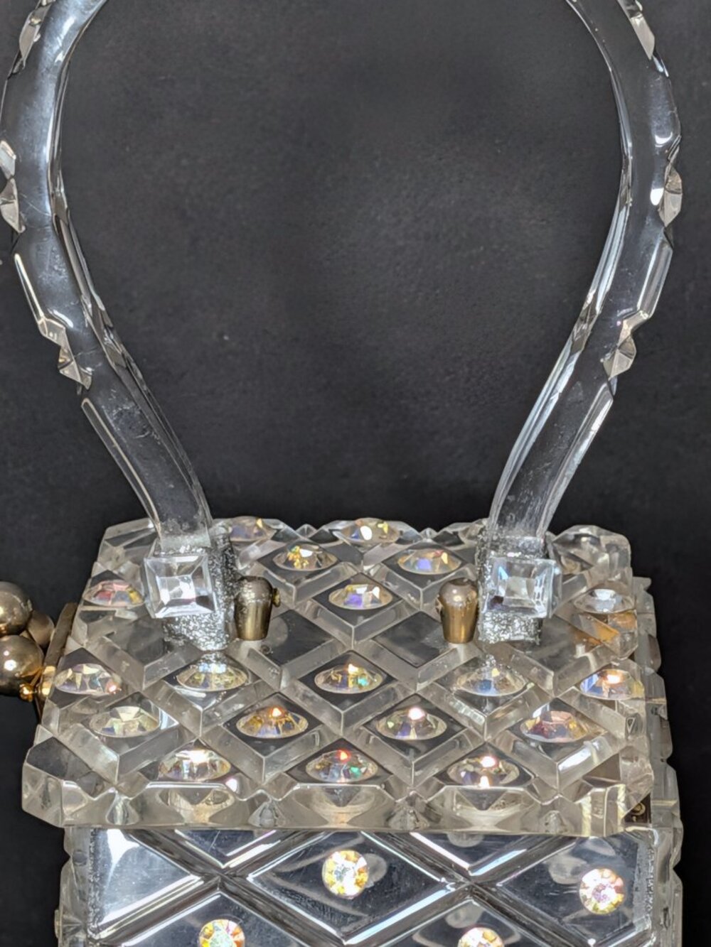 Unbelievable CHARLES KAHN Clear Lattice Rhinestone 1950s Lucite Purse, Good Cond - Picture 9 of 15